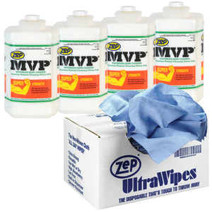 Zep MVP Waterless Hand Cleaner and Zep Ultra Wipes Shop Towels Bundle - 1 Gal
