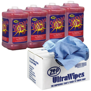 Zep Cherry Bomb Hand Cleaner and Zep Ultra Wipes Shop Towels Bundle - 1 Gal
