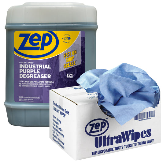 Industrial Purple Cleaner and Degreaser Concentrate + Blue Ultra Wipes Shop Towels Bundle - 5 Gal Cleaner and 450 Wipes