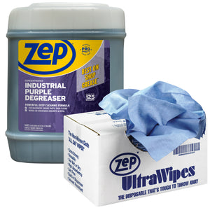 Industrial Purple Cleaner and Degreaser Concentrate + Blue Ultra Wipes Shop Towels Bundle - 5 Gal Cleaner and 450 Wipes