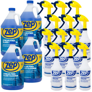 Zep Streak-Free Glass Cleaner 1 Gal (Case of 4) and Zep Professional Sprayer Bottle (Case of 12) Bundle