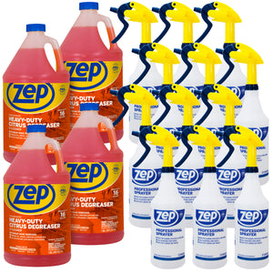 Zep Heavy-Duty Citrus Degreaser 1 Gal (Case of 4) and Cleaner Concentrate and Zep Professional Sprayer Bottle (Case of 12) Bundle