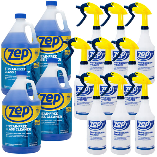 Streak-Free Glass Cleaner (Case of 4) + Zep Professional Sprayer Bottle - 32 oz (Case of 9) Bundle