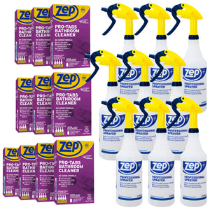 Zep Pro-Tabs Bathroom Cleaner Dissolvable Tablets 10 Cases (4 Tabs per Case) and Zep Professional Sprayer Bottle (Case of 9) Bundle
