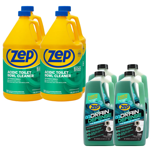 Zep Acidic Toilet Bowl Cleaner Removes Hard Water Stains – 1 Gallon (Case of 4) with Zep Drain Defense - 64 oz (Case of 4) Bundle