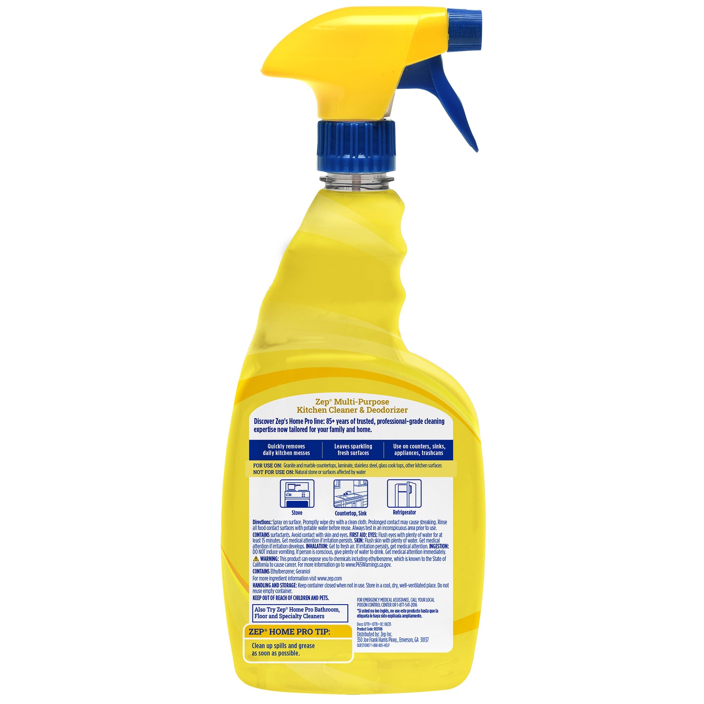 Zep Home Pro Kitchen Cleaner & Deodorizer - 32 oz - Powerful cleaning formula cuts through tough grease, grime, food spills, and odors on kitchen surfaces with a fresh citrus scent