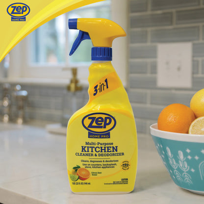 Zep Home Pro Kitchen Cleaner & Deodorizer - 32 oz - Powerful cleaning formula cuts through tough grease, grime, food spills, and odors on kitchen surfaces with a fresh citrus scent