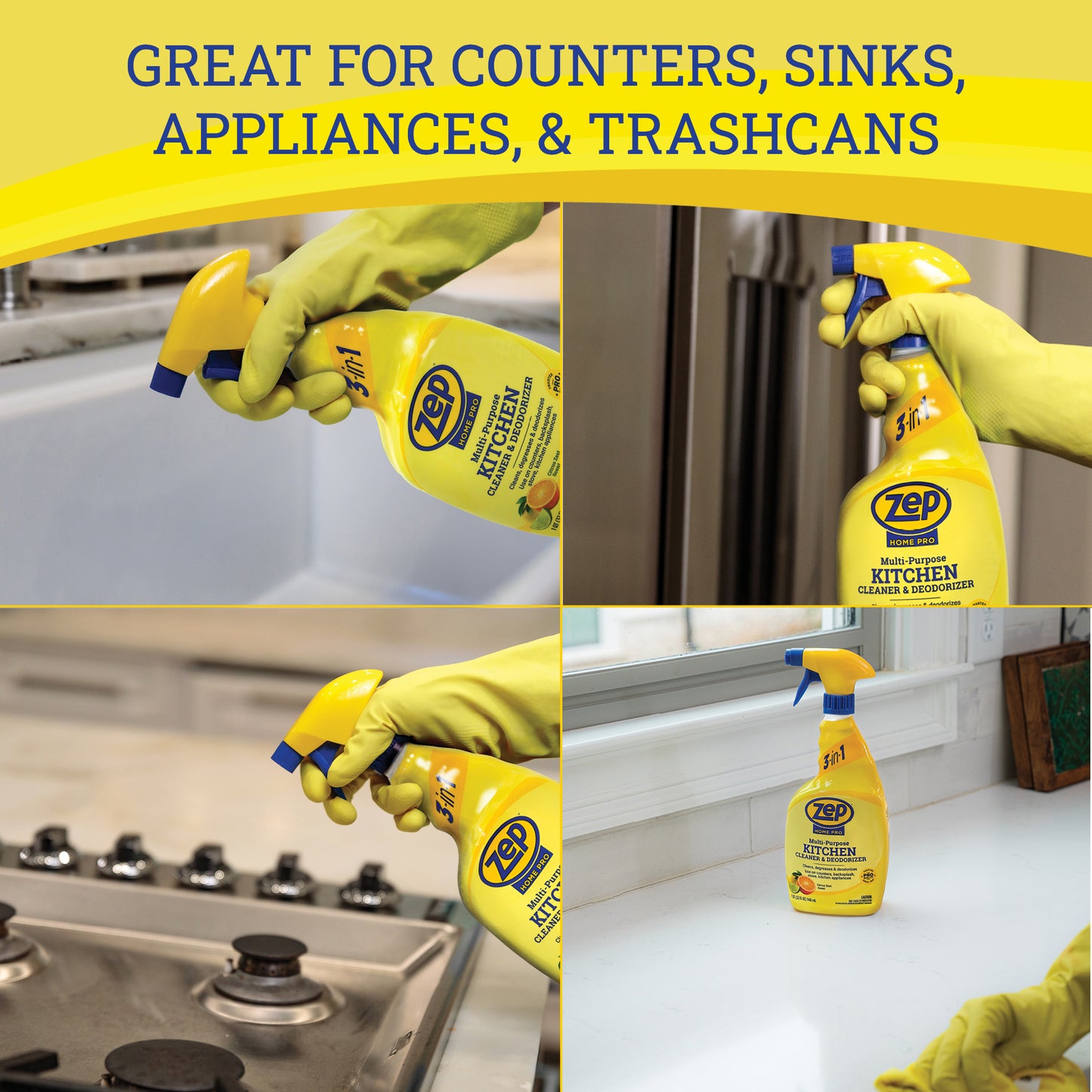 Zep Home Pro Kitchen Cleaner & Deodorizer - 32 oz - Powerful cleaning formula cuts through tough grease, grime, food spills, and odors on kitchen surfaces with a fresh citrus scent