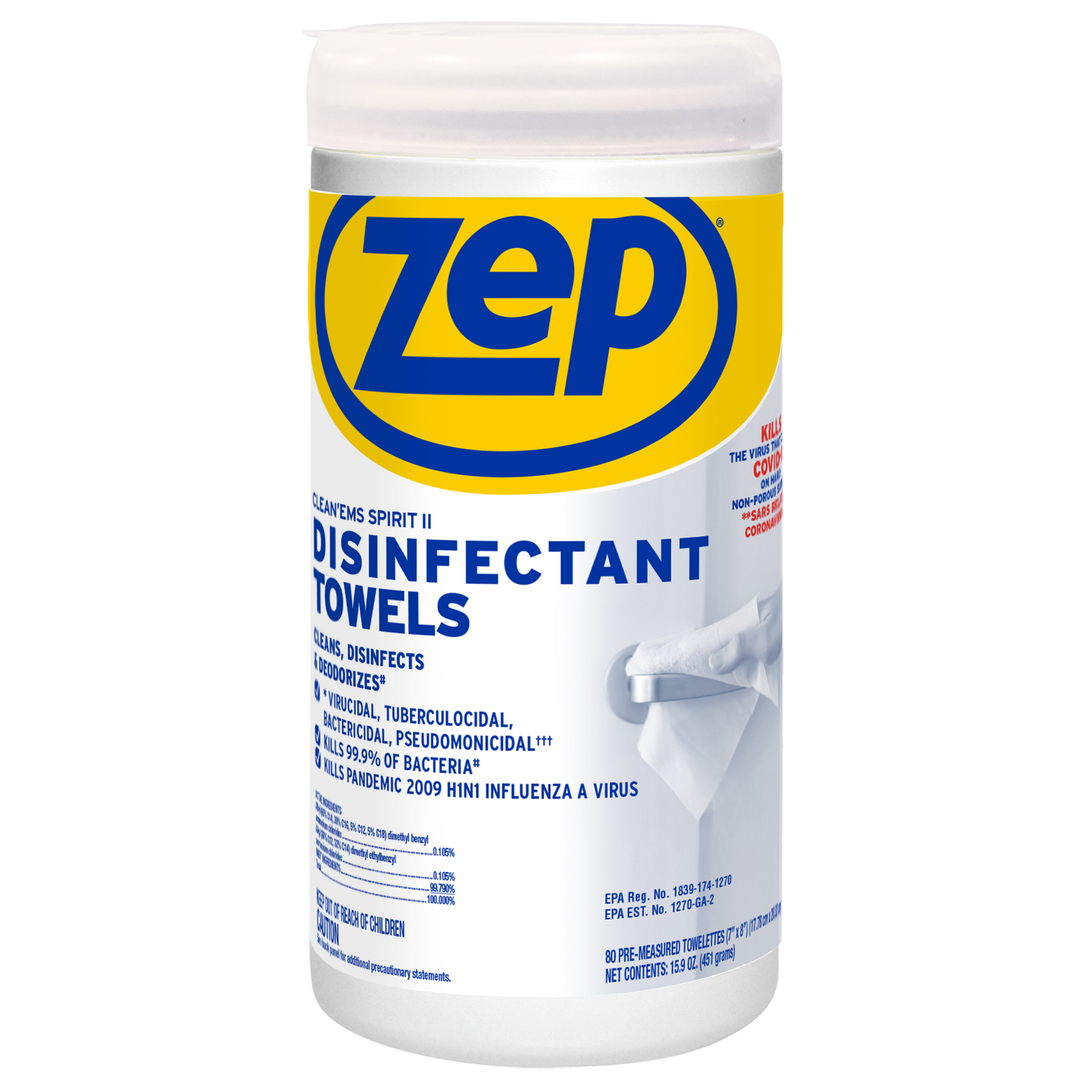 Zep Clean'Ems Spirit II Disinfectant Towels - 80 Towels/Canister Zep Clean'Ems Spirit II Disinfectant Towels - 80 Towels/Canister