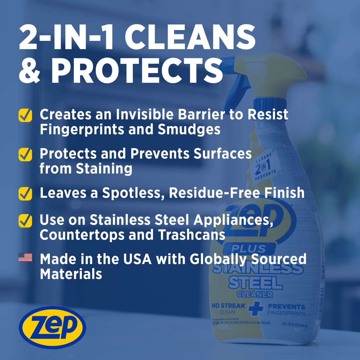 Zep Plus Stainless Steel Cleaner 32 oz and Blue Microfiber Rag