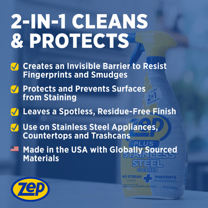 Zep Plus Stainless Steel Cleaner 32 oz and Blue Microfiber Rag