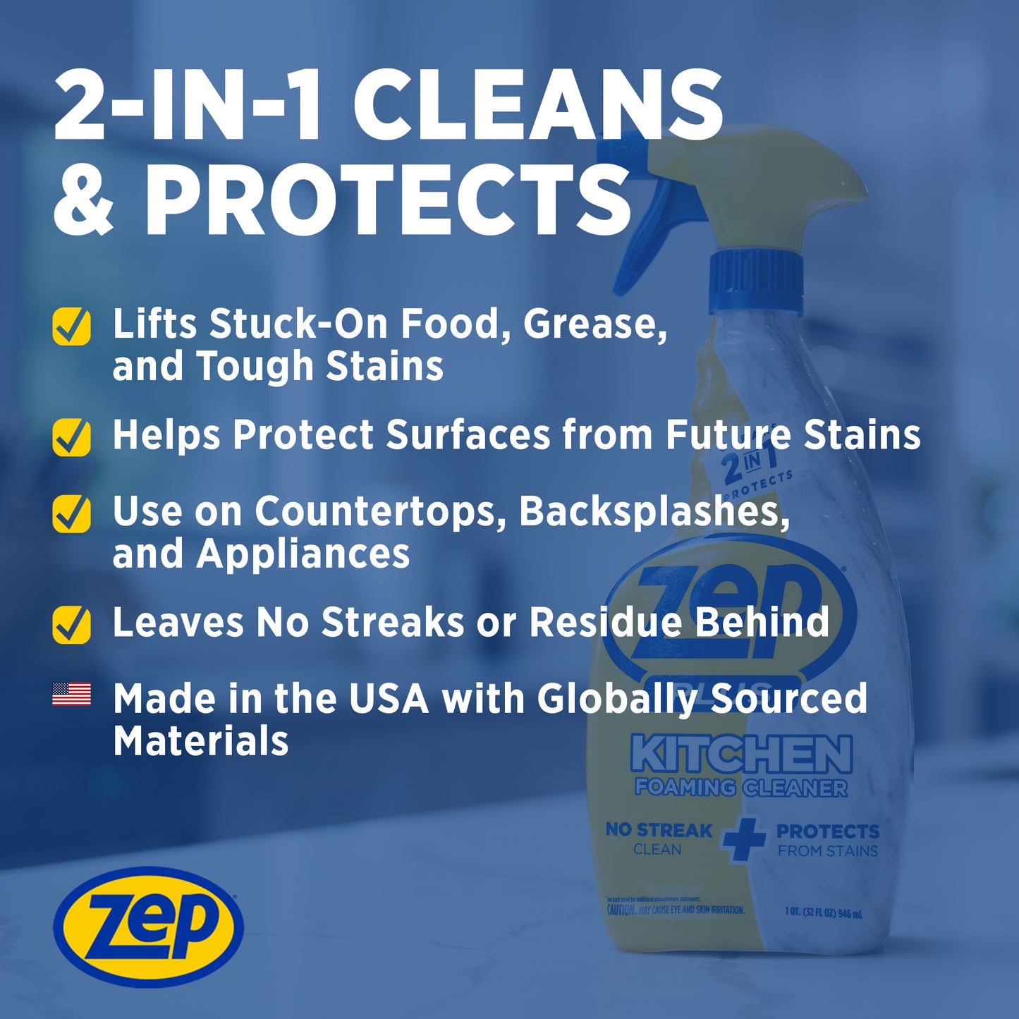 Zep Plus Foaming Kitchen Cleaner 32 oz and Blue Microfiber Rag