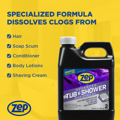 Zep Advanced Tub & Shower Drain Opener Gel – Dissolves Hair – 32 oz