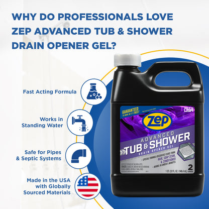 Zep Advanced Tub & Shower Drain Opener Gel – Dissolves Hair – 32 oz