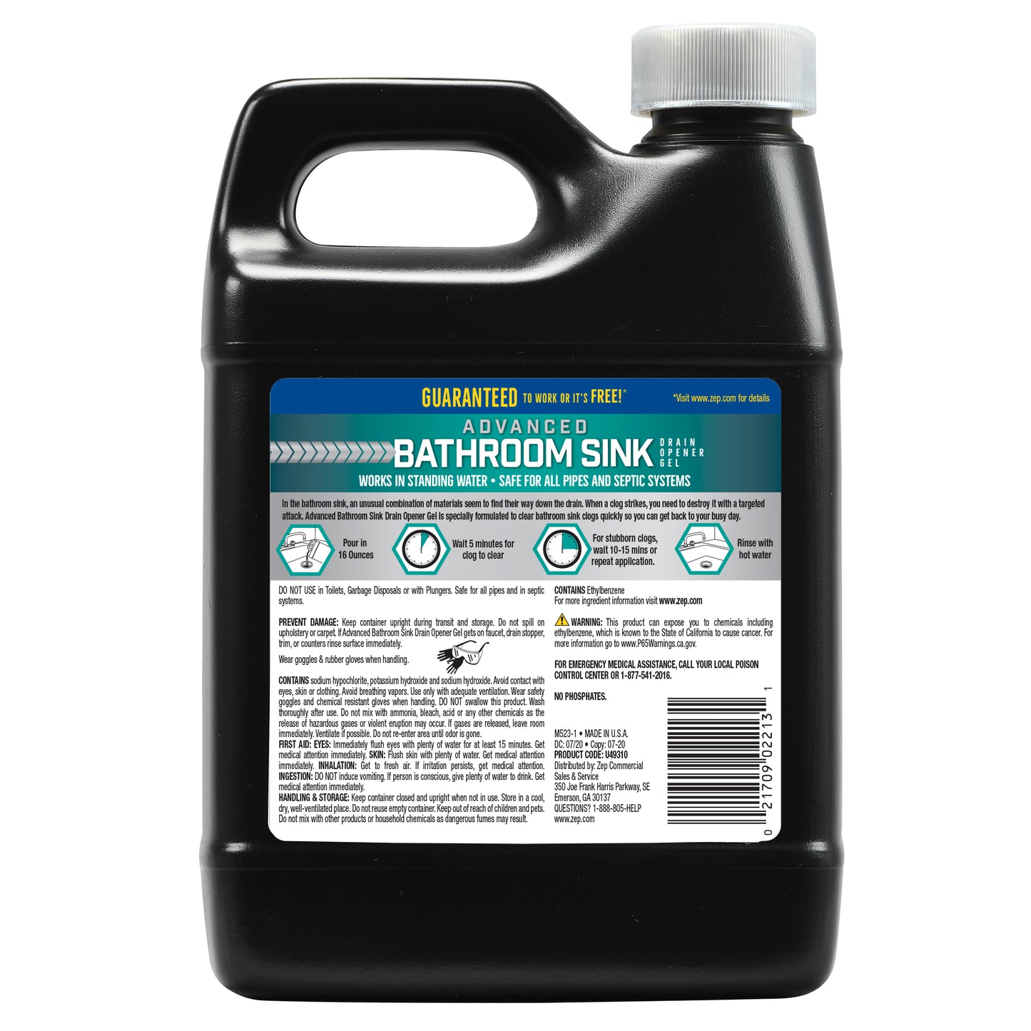 Zep Advanced Bathroom Sink Drain Opener Gel – Dissolves Clogs – 32 oz