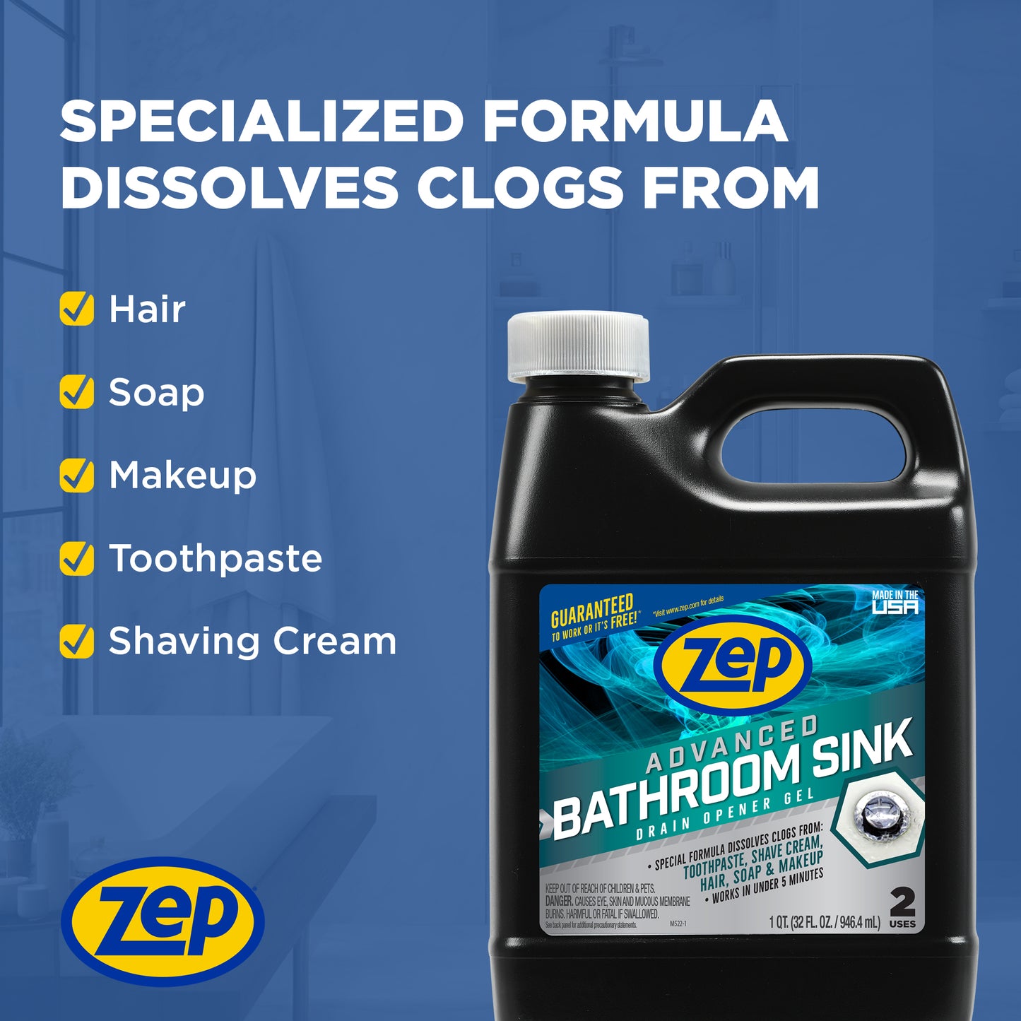 Zep Advanced Bathroom Sink Drain Opener Gel – Dissolves Clogs – 32 oz
