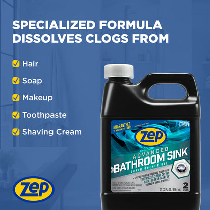 Zep Advanced Bathroom Sink Drain Opener Gel – Dissolves Clogs – 32 oz