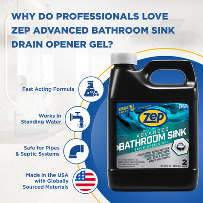 Zep Advanced Bathroom Sink Drain Opener Gel – Dissolves Clogs – 32 oz