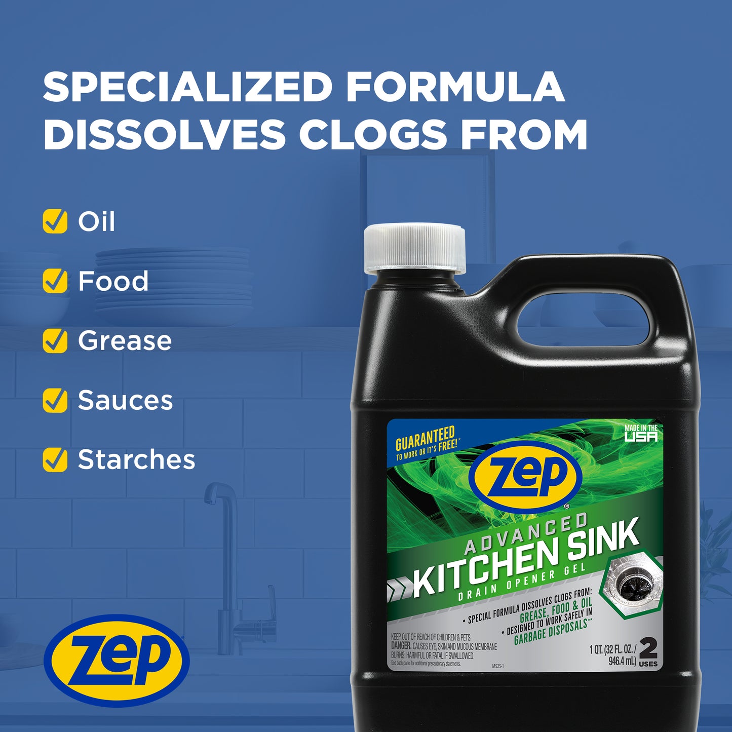 Zep Advanced Kitchen Sink Drain Opener Gel – Works in Standing Water – 32 oz