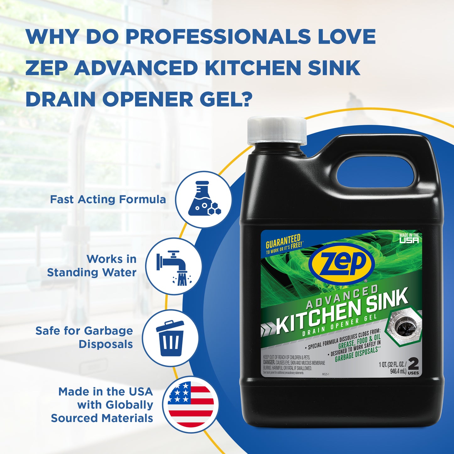 Zep Advanced Kitchen Sink Drain Opener Gel – Works in Standing Water – 32 oz