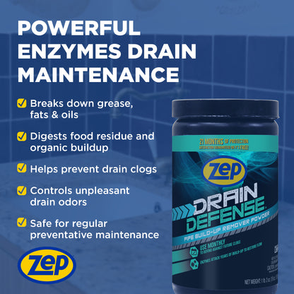 Zep Drain Defense - Pipe Build-Up Remover Powder - 18 oz
