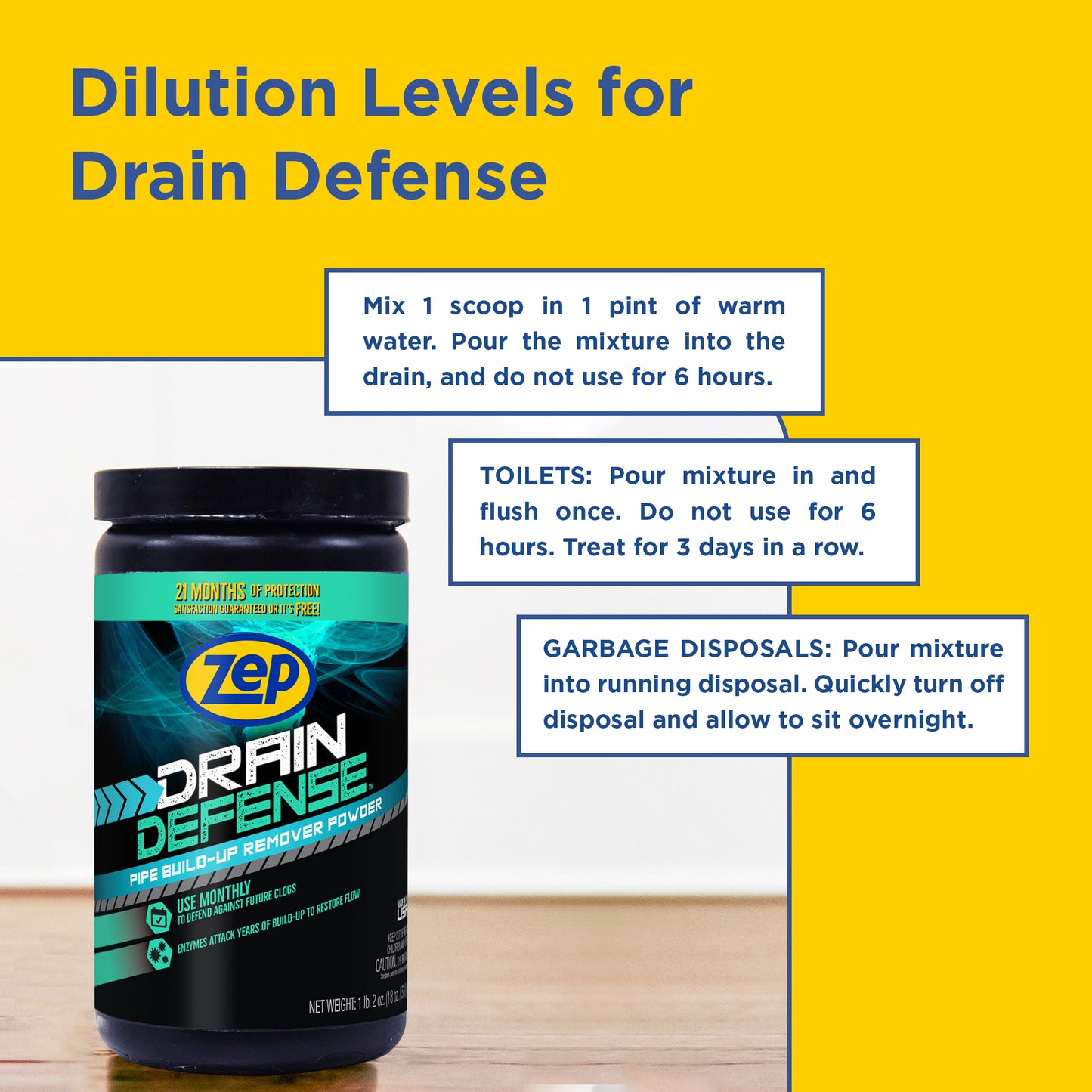 Zep Drain Defense - Pipe Build-Up Remover Powder - 18 oz