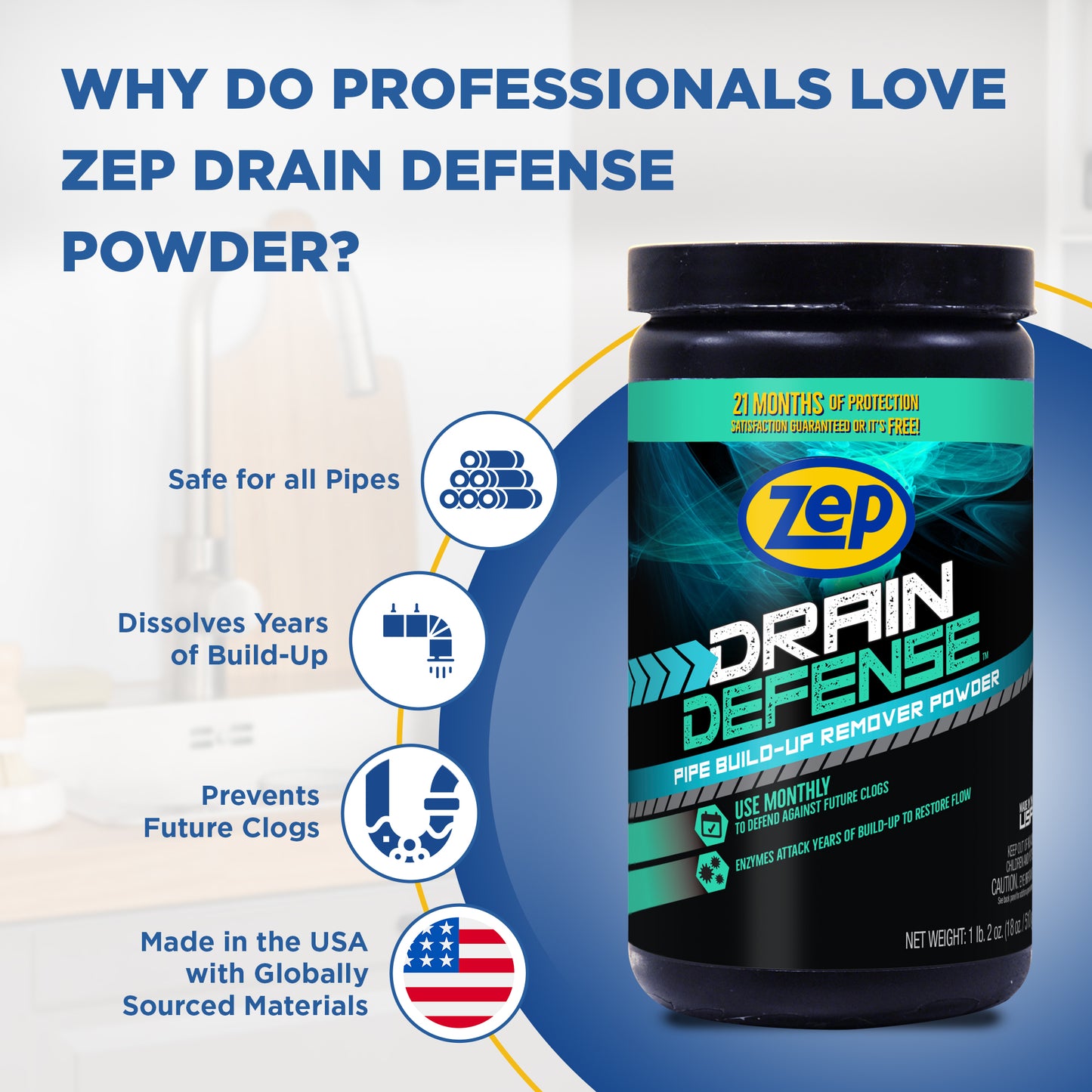 Zep Drain Defense - Pipe Build-Up Remover Powder - 18 oz