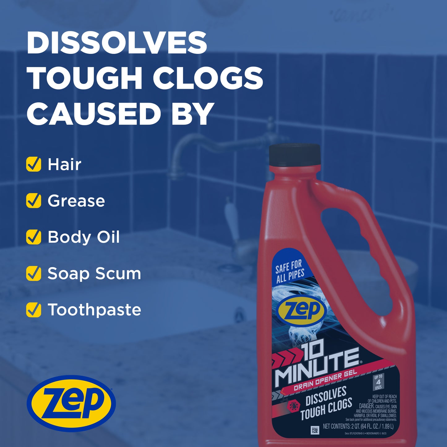 Zep 10 Minute Drain Opener Gel – Dissolves Hair and Clogs – 64 oz