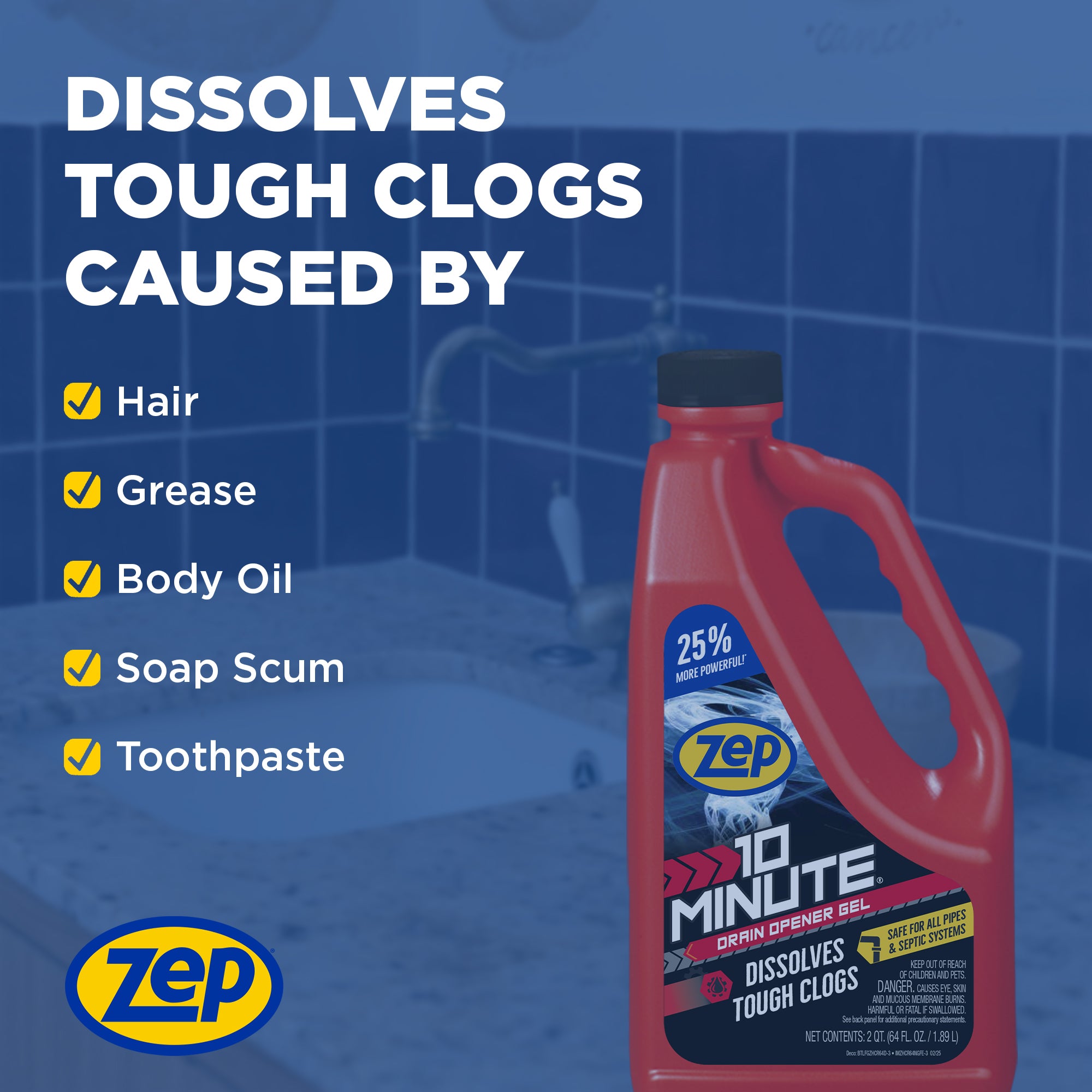 Zep 10 Minute Drain Opener Gel – Dissolves Hair and Clogs – 64 oz