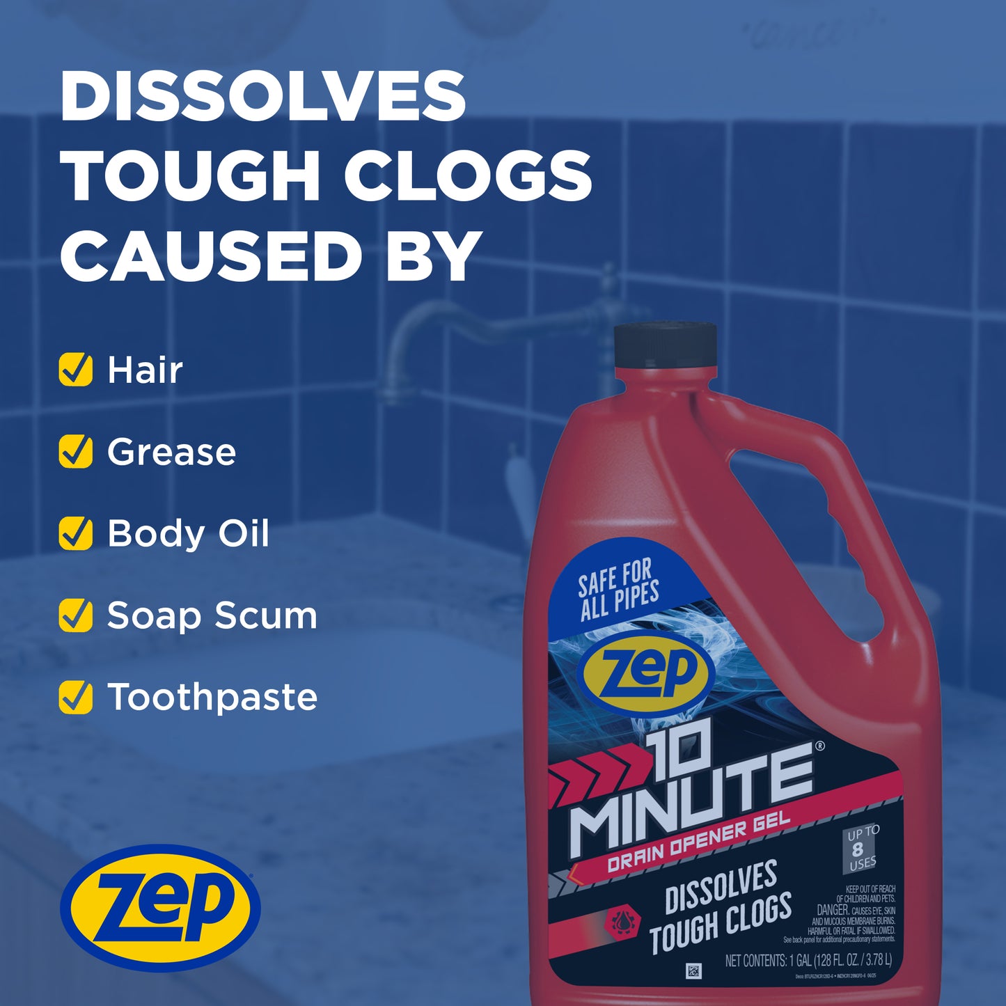 Zep 10 Minute Drain Opener Gel – Dissolves Hair and Clogs – 1 Gallon