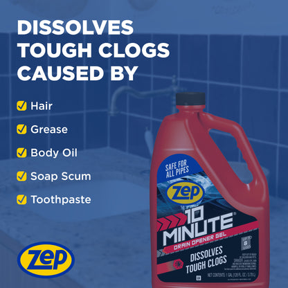 Zep 10 Minute Drain Opener Gel – Dissolves Hair and Clogs – 1 Gallon