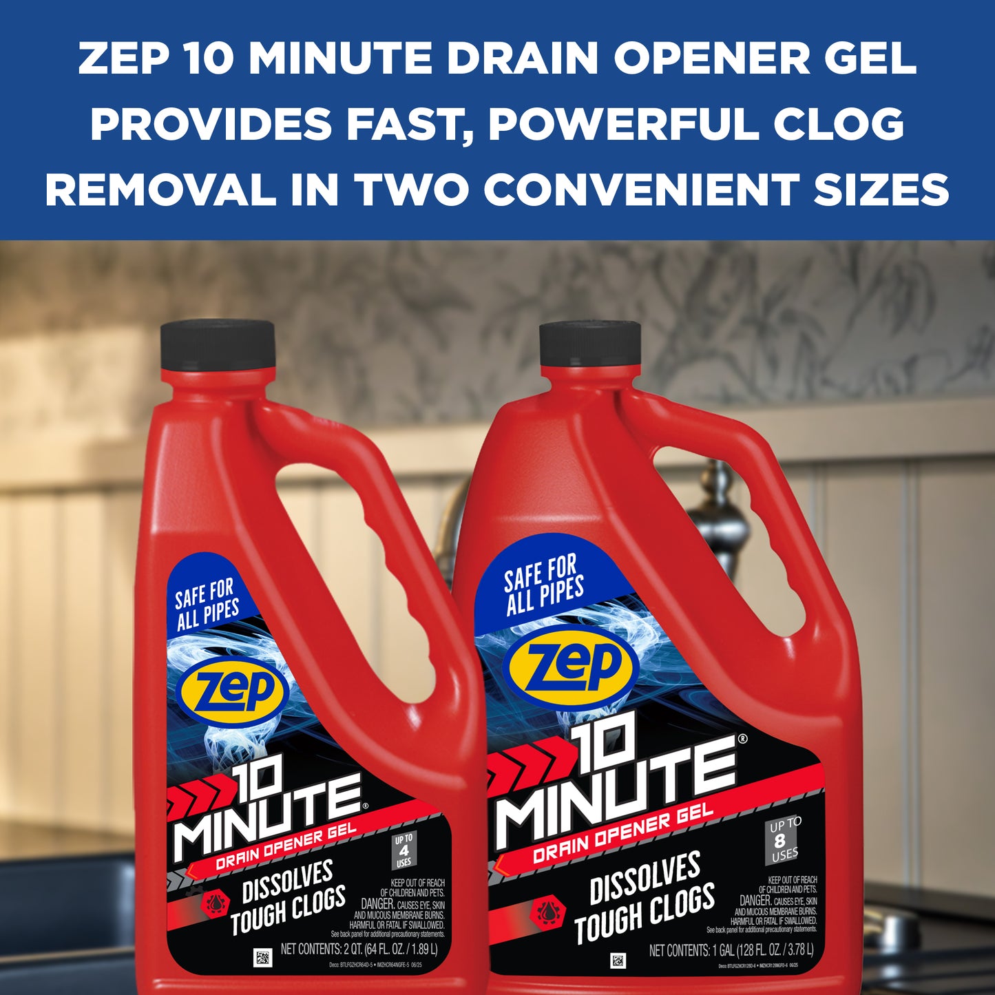 Zep 10 Minute Drain Opener Gel – Dissolves Hair and Clogs – 64 oz