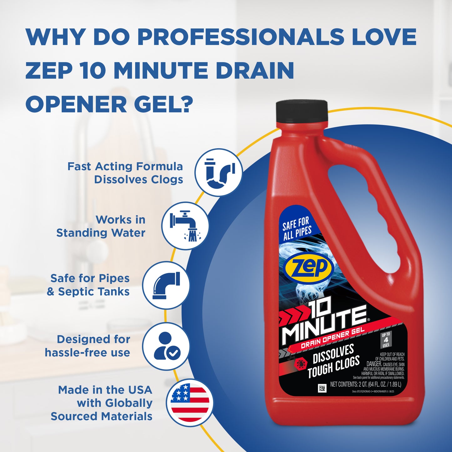 Zep 10 Minute Drain Opener Gel – Dissolves Hair and Clogs – 64 oz