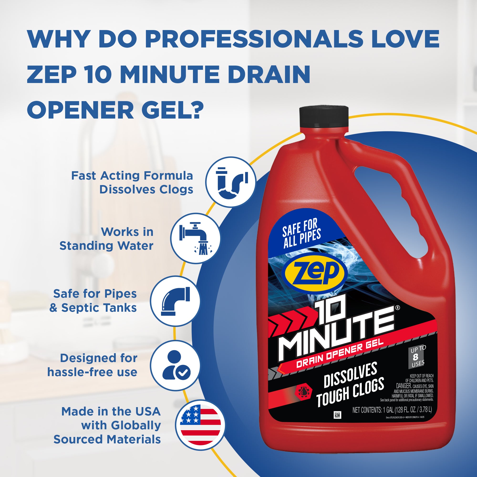 Zep 10 Minute Drain Opener Gel – Dissolves Hair and Clogs – 1