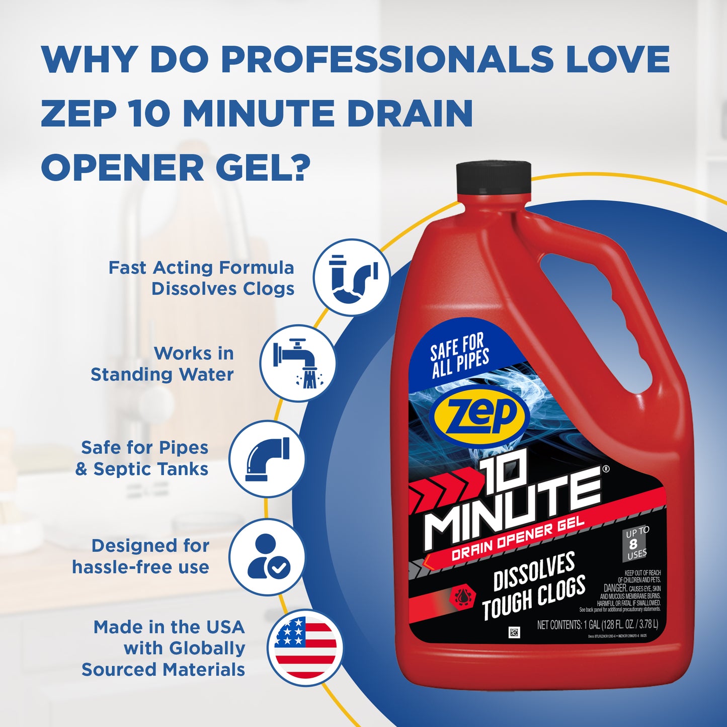 Zep 10 Minute Drain Opener Gel – Dissolves Hair and Clogs – 1 Gallon