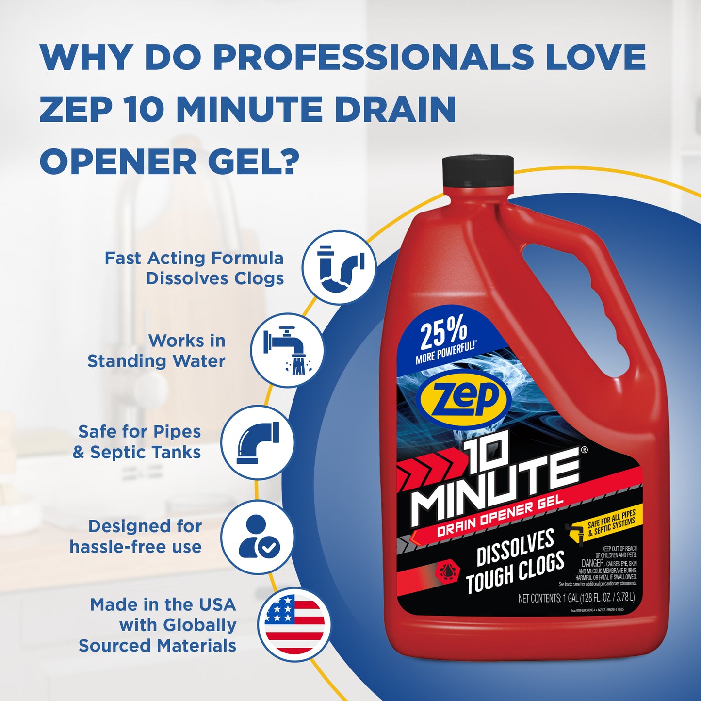 Zep 10 Minute Drain Opener Gel – Dissolves Hair and Clogs – 1 Gallon