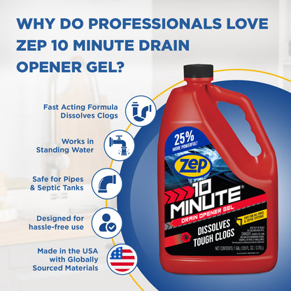 Zep 10 Minute Drain Opener Gel – Dissolves Hair and Clogs – 1 Gallon