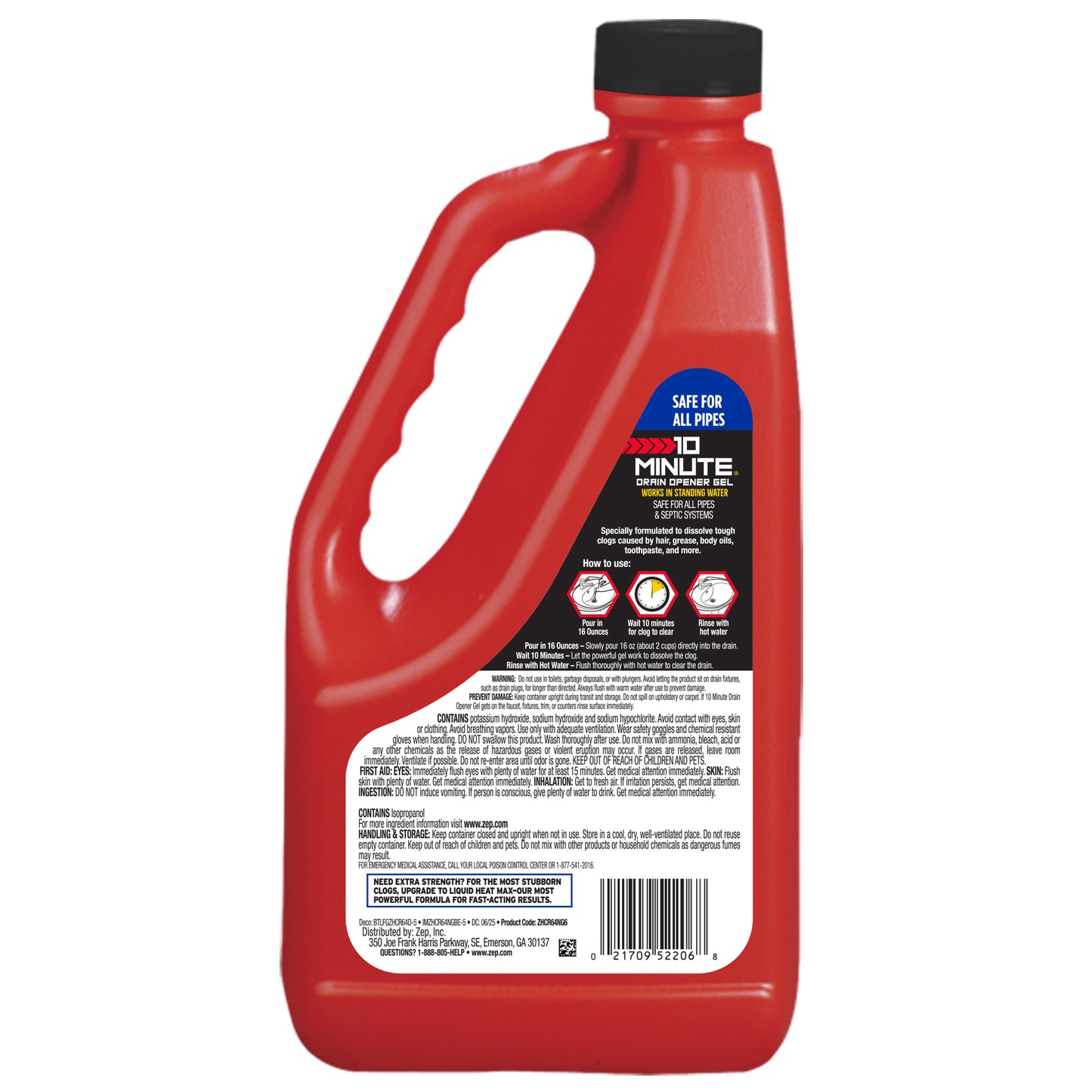 Zep 10 Minute Drain Opener Gel – Dissolves Hair and Clogs – 64 oz