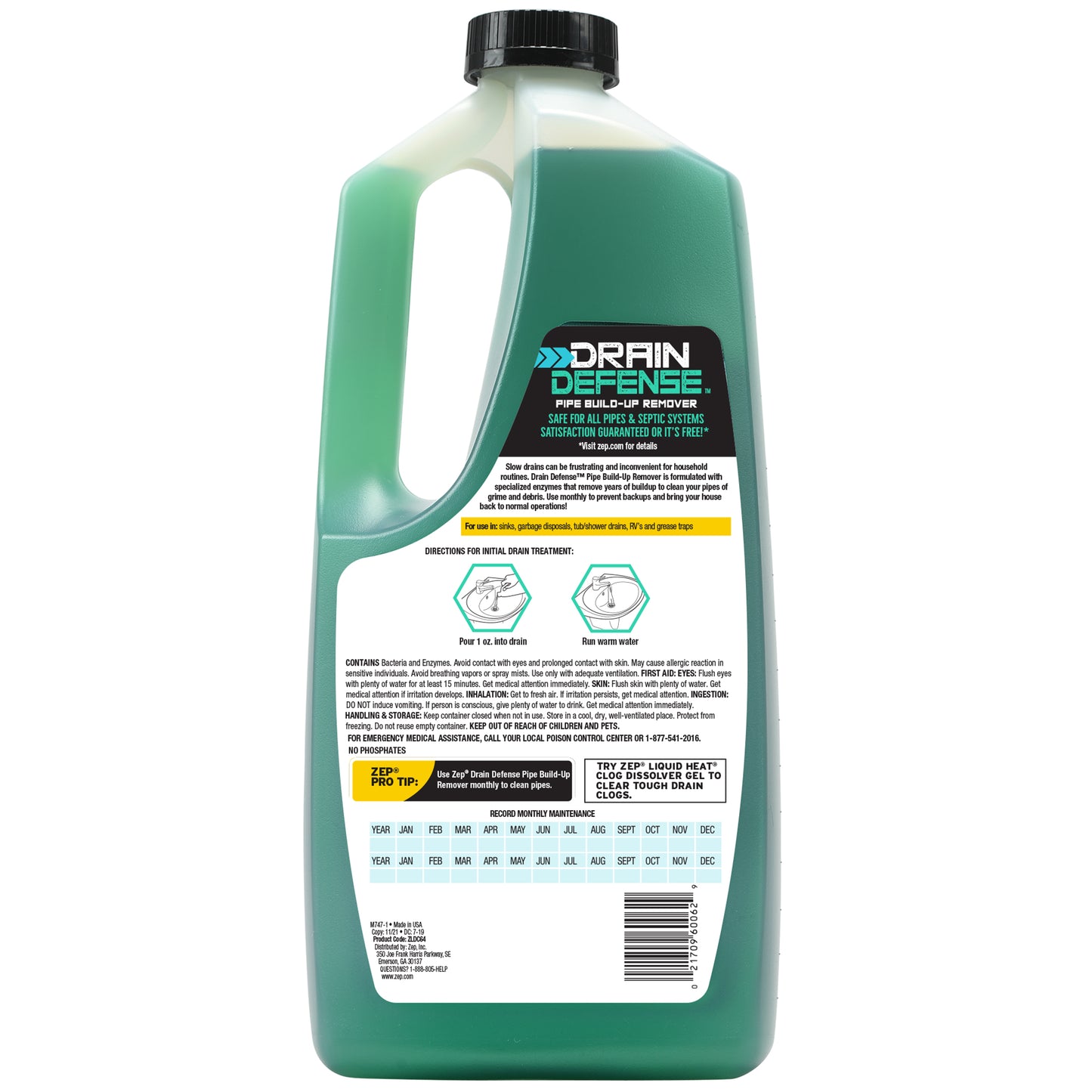 Zep Drain Defense – Pipe Build-up Remover – 64 oz