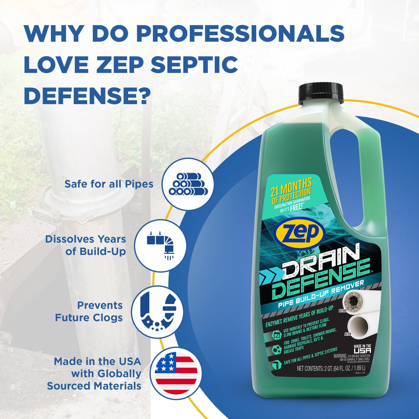 Zep Drain Defense – Pipe Build-up Remover – 64 oz