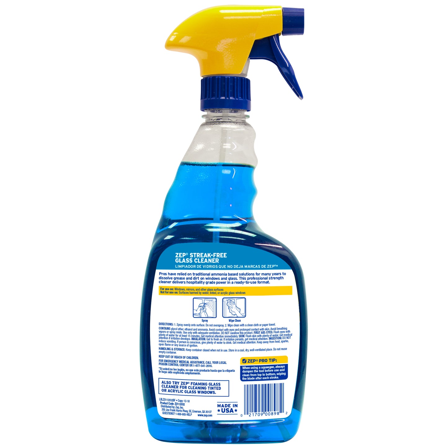 Zep Streak-Free Glass Cleaner – Ammonia-Based Formula – 32 oz