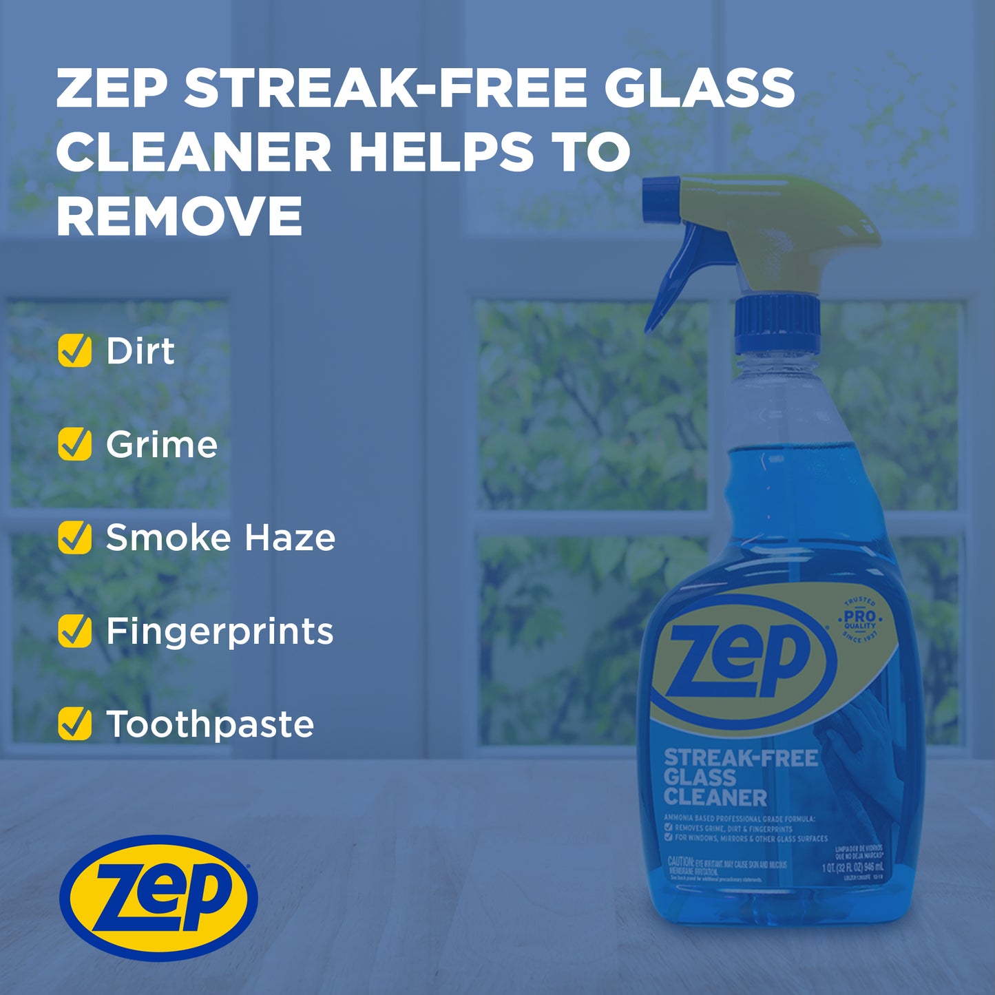 Zep Streak-Free Glass Cleaner – Ammonia-Based Formula – 1 Gallon