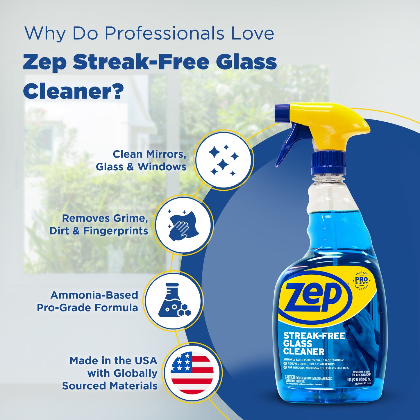 Zep Streak-Free Glass Cleaner – Ammonia-Based Formula – 32 oz