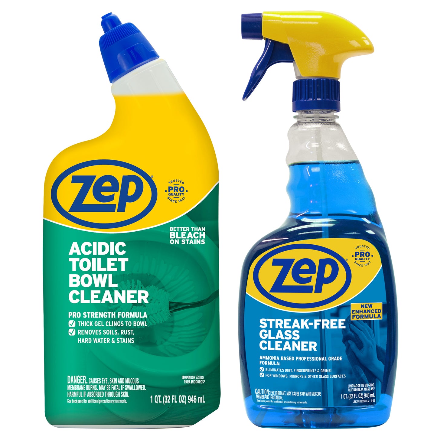 Zep Acidic Toilet Bowl Cleaner 32 oz and Zep Streak-Free Glass Cleaner 32 oz