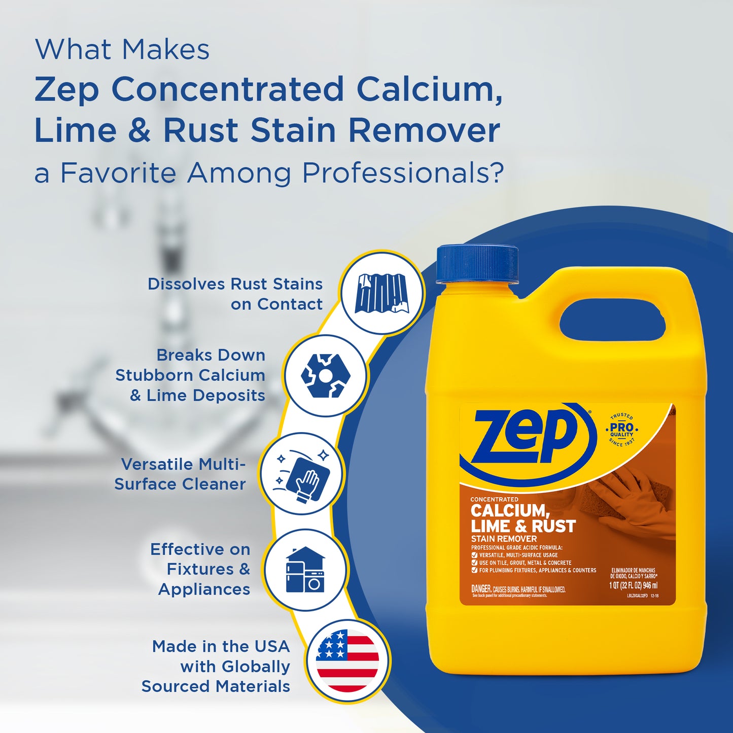 Zep Concentrated Calcium, Lime and Rust Stain Remover – Breaks Down Lime Deposits – 32 oz