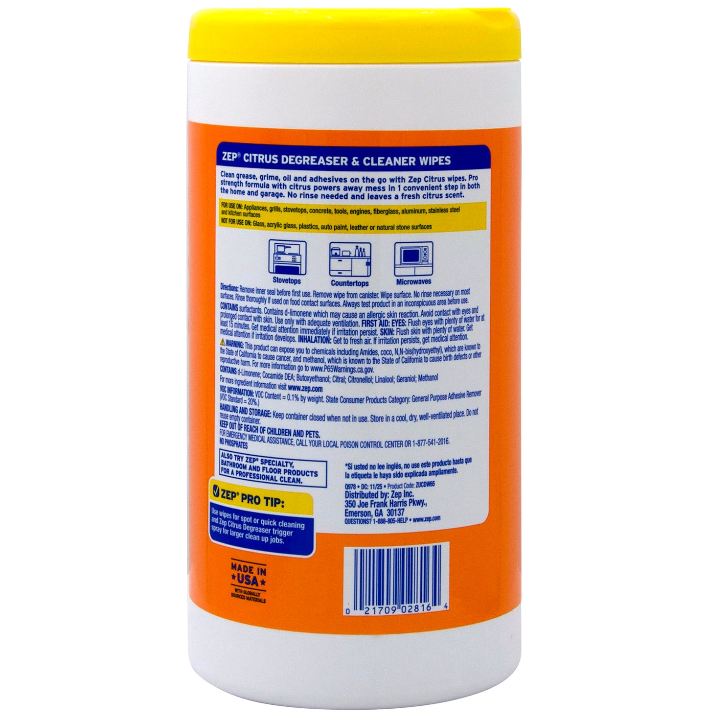 Zep Citrus Degreaser & Cleaner Wipes - 65ct