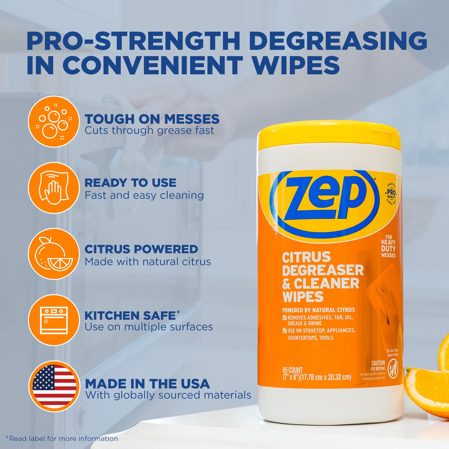 Zep Citrus Degreaser & Cleaner Wipes - 65ct