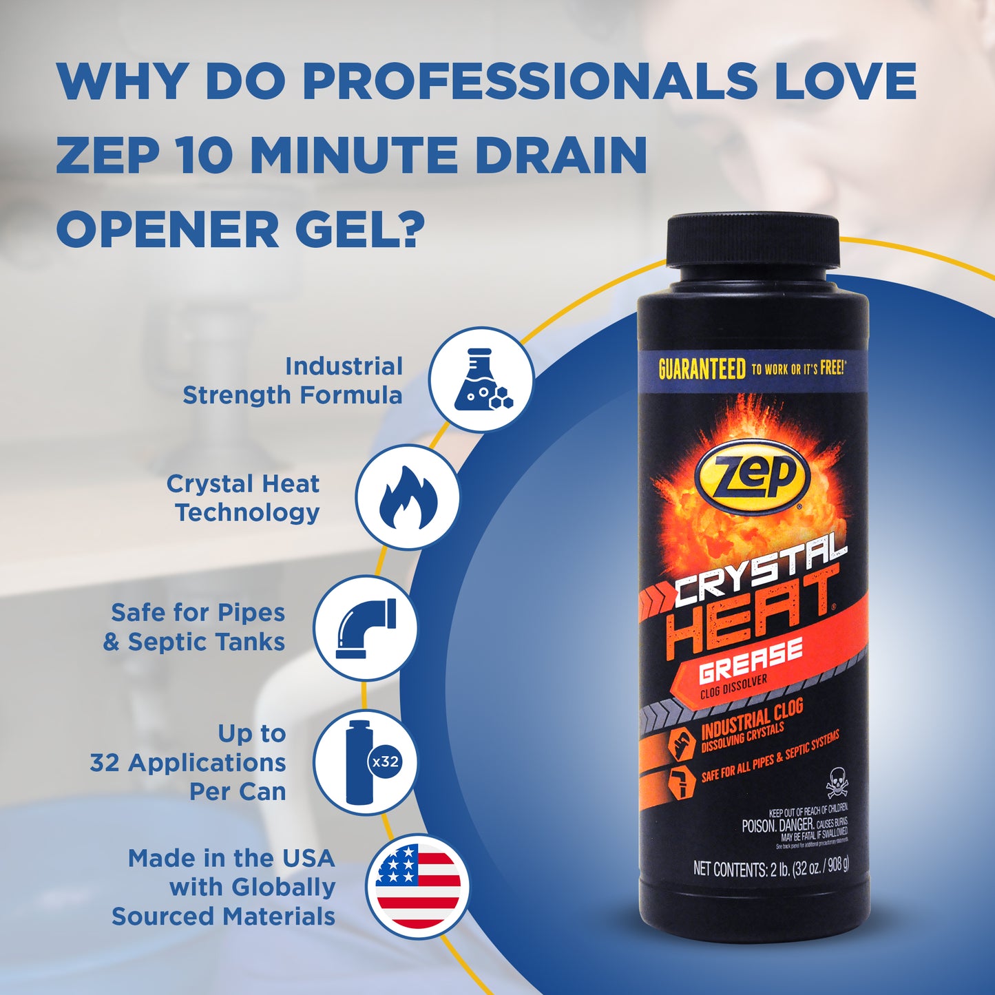 Zep Crystal Heat Grease Clog Dissolver – Melts Grease and Grime   – 32 oz