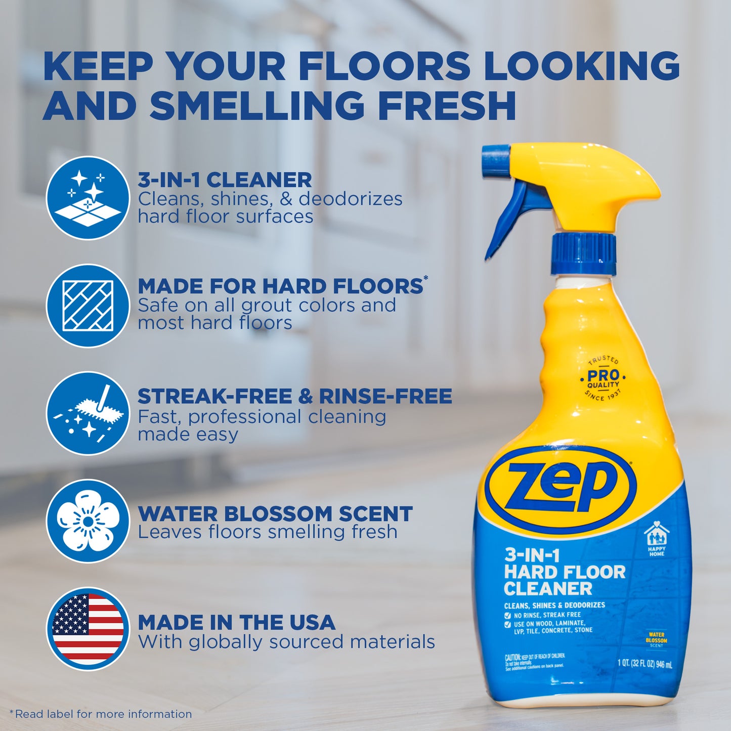Zep 3-in-1 Hard Floor Cleaner - Cleans, Shines & Deodorizes - 32oz