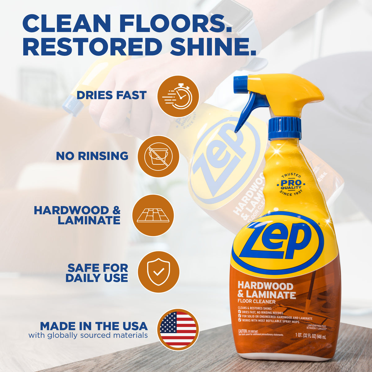 Zep Hardwood & Laminate Floor Cleaner – No Rinse, Streak-Free – 32 oz.